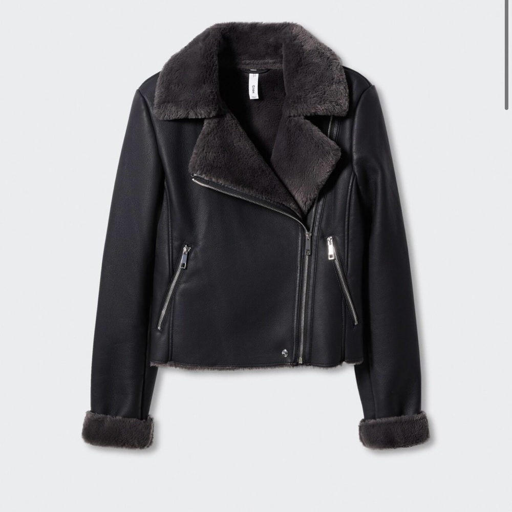 Mango Black FAUX-FUR BIKER JACKET New